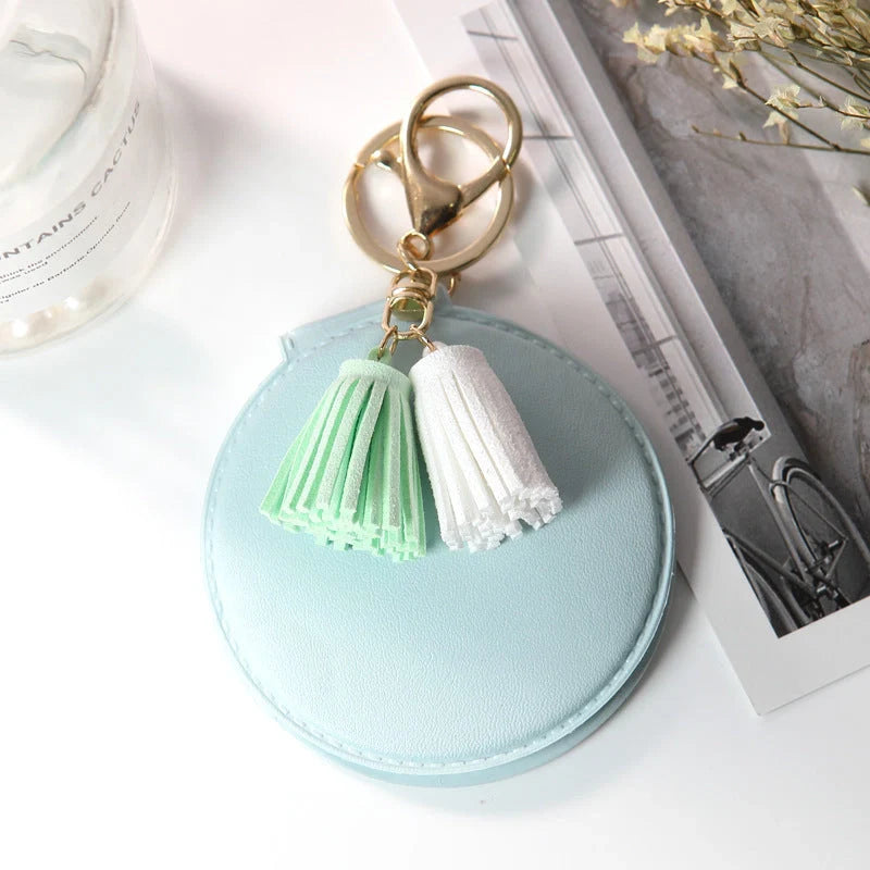 Mini round PU leather small mirror with tassel in various colours