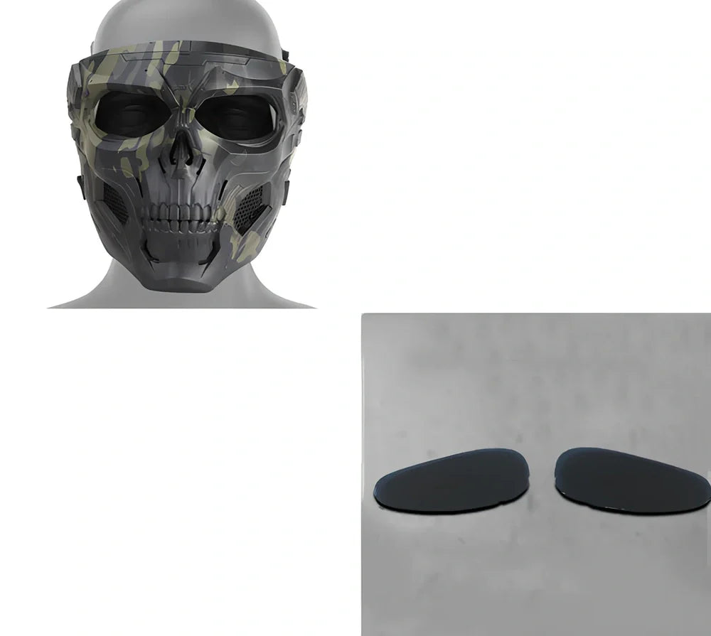 Black skull horror helmet mask 19x18cm with transparent PC goggles and adjustable bands for airsoft protection