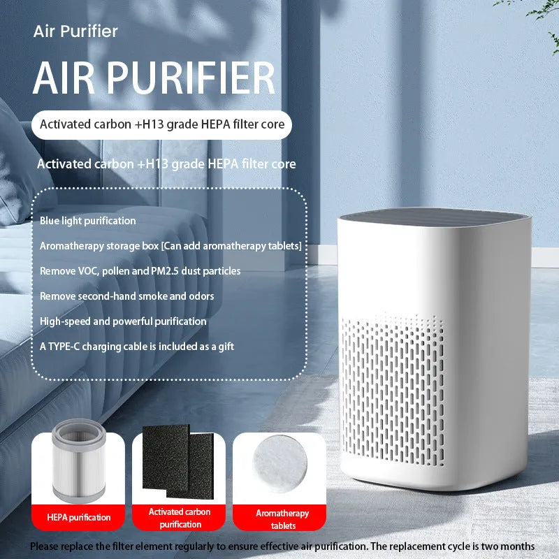 Desktop air purifier machine with USB cable on a work desk