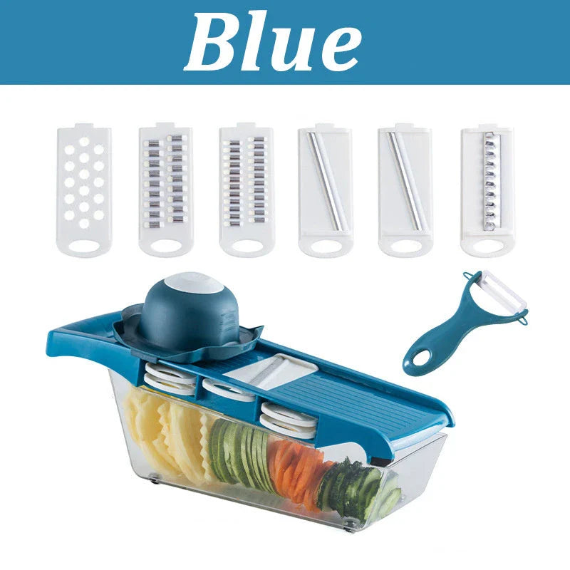 Versatile vegetable slicer with interchangeable blades for slicing, dicing, and shredding a variety of fruits and vegetables