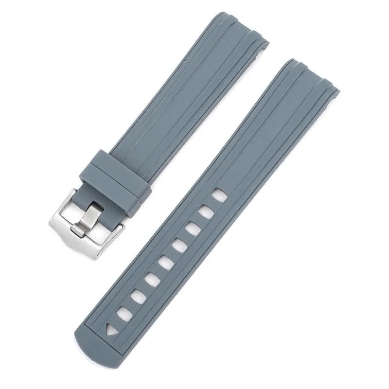 20mm width watch strap with silver buckle shown in multiple colour options including army green, sapphire blue, and dark red.