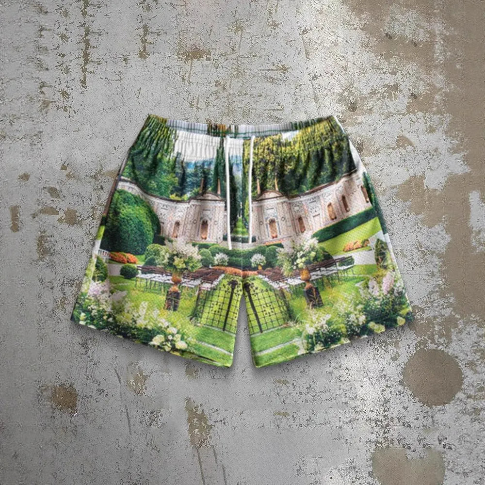 Men's quick-drying digital print beach shorts in loose fit with elastic waistband