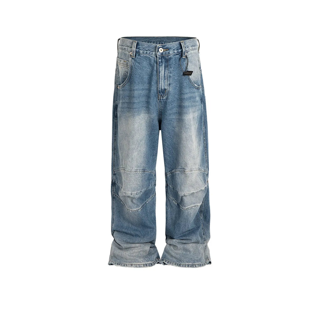 Men's blue profile pleated baggy jeans with straight-leg cut and zip fly