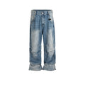 Men's blue profile pleated baggy jeans with straight-leg cut and zip fly