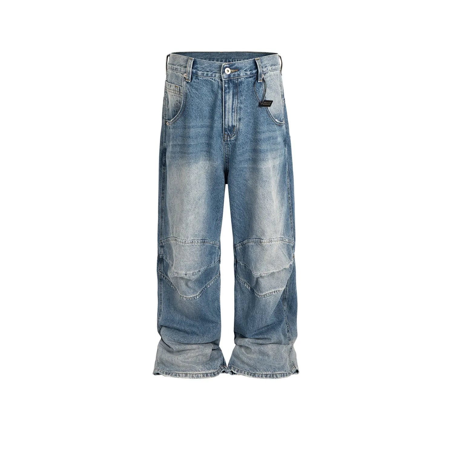 Men's blue profile pleated baggy jeans with straight-leg cut and zip fly