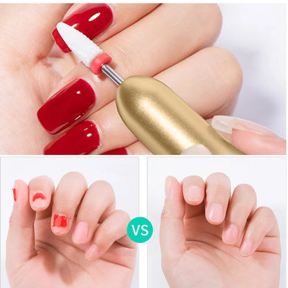 Pink USB-charging electric nail drill machine with 6 grinding heads and power cord