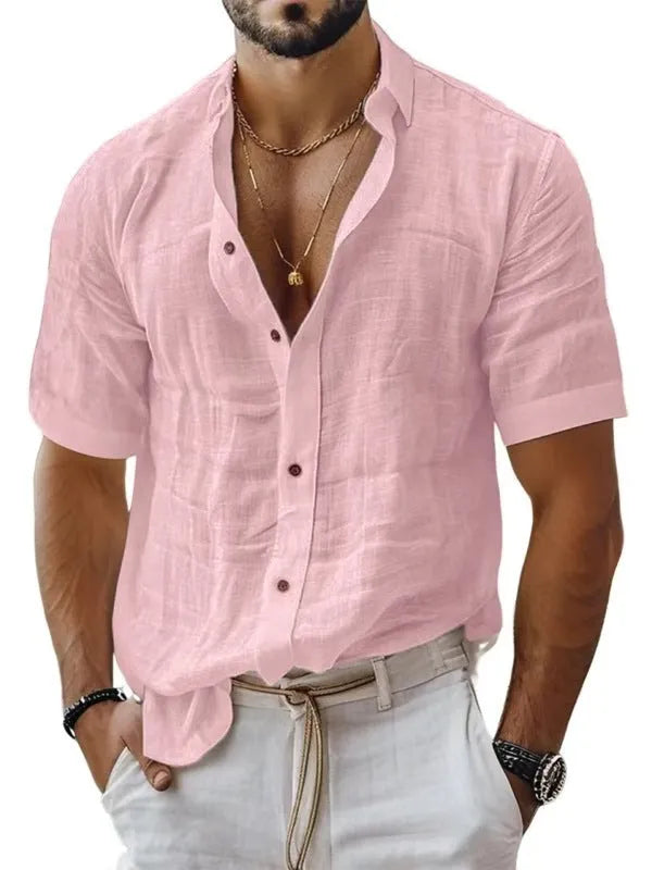 Men's solid colour short sleeve lapel shirt in a cotton linen blend fabric on a hanger.