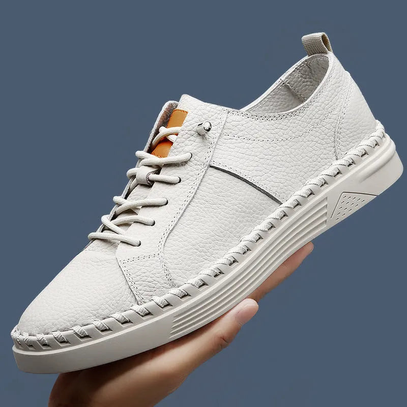 Men's beige and black casual sneakers made from first layer cowhide with mesh lining