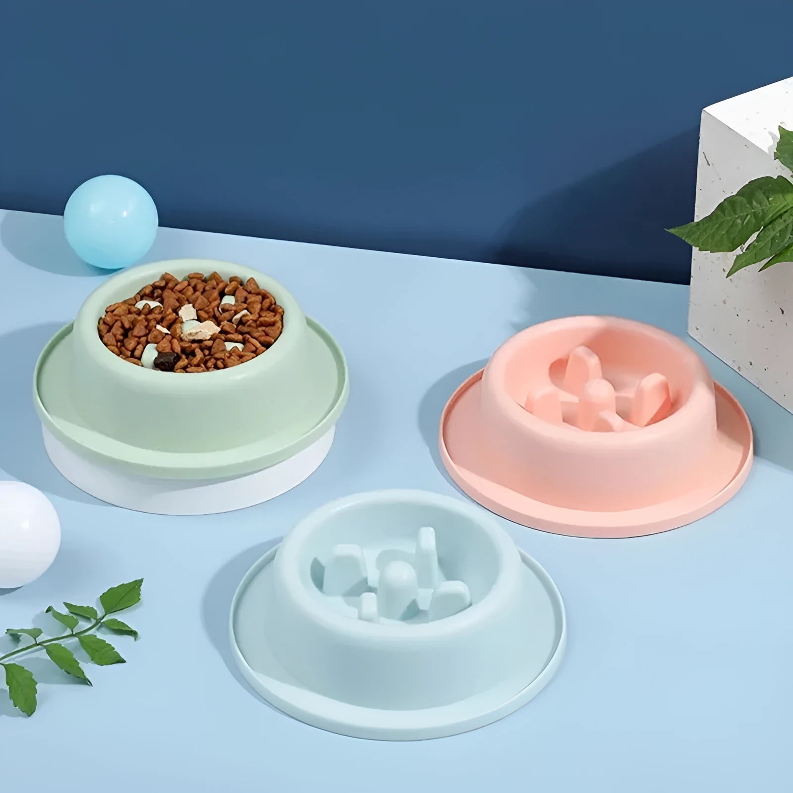 Blue PP plastic slow feeder dog bowl with maze pattern and non-slip base