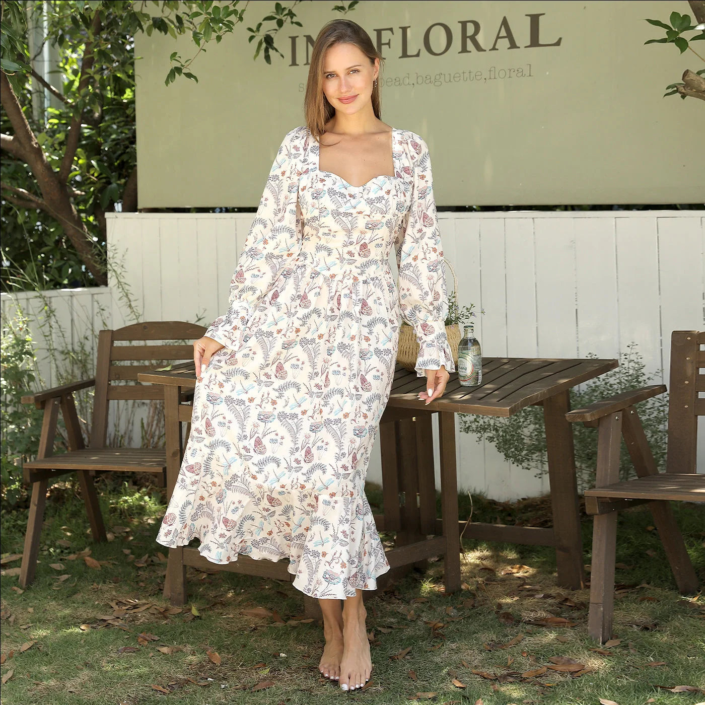 Women's square neck long sleeved printed floral dress in various sizes