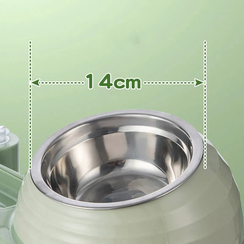 Elevated cat food bowl with attached water dispenser bottle in green colour