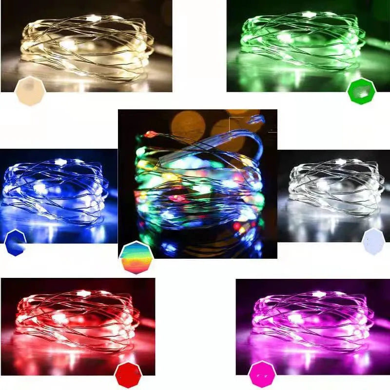 12-metre long copper wire LED string lights with battery box, showing multiple colour options.