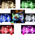 12-metre long copper wire LED string lights with battery box, showing multiple colour options.