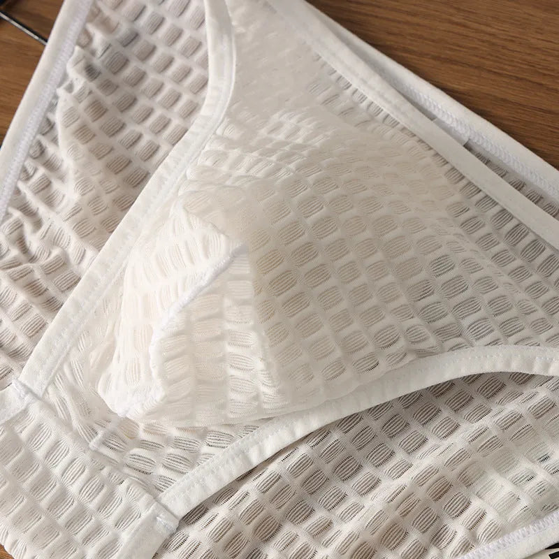 Men's low waist transparent nylon lace underwear in a solid colour with text print.
