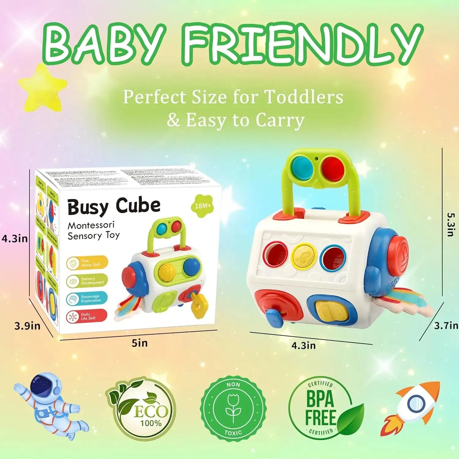 9-in-1 busy cube plastic sensory toy for toddlers aged 1-3 years, eight-sided design with multiple fidget activities