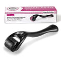 Black and purple derma rollers with titanium microneedle heads, showing size options from 0.2mm to 1.0mm.
