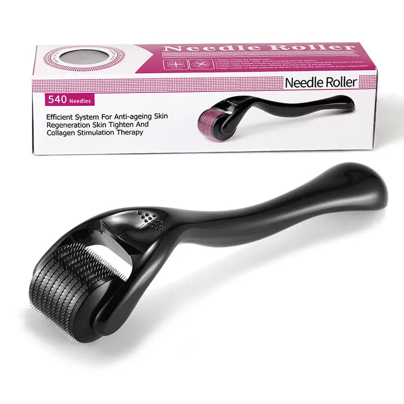 Black and purple derma rollers with titanium microneedle heads, showing size options from 0.2mm to 1.0mm.