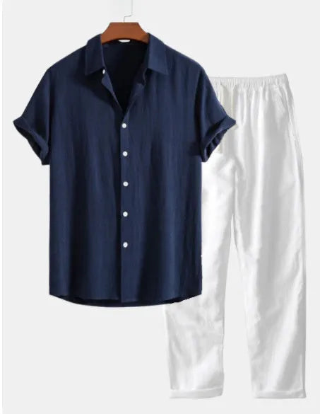 Casual loose navy blue cotton linen short sleeve suit with trousers, glasses, shoes, and watch on a mannequin