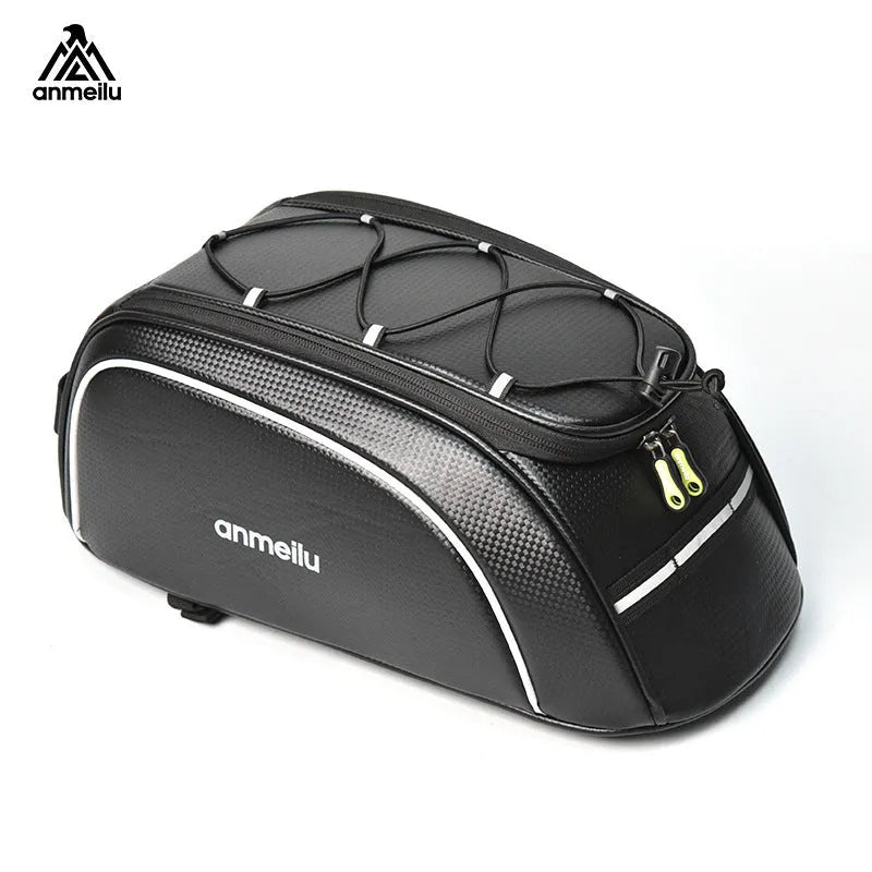 Waterproof black bicycle pannier bag mounted on bike rack with 8 litre capacity