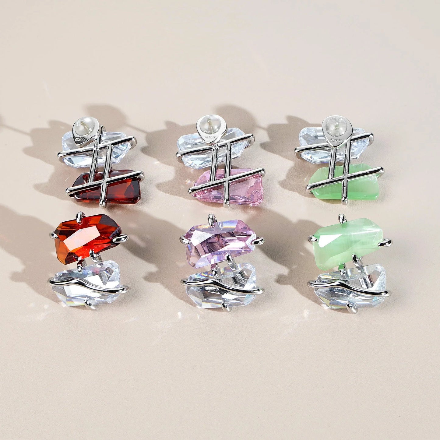 Women's Peach Blossom Spar Earrings in copper with zircon mosaic, available in pink, red, and green.