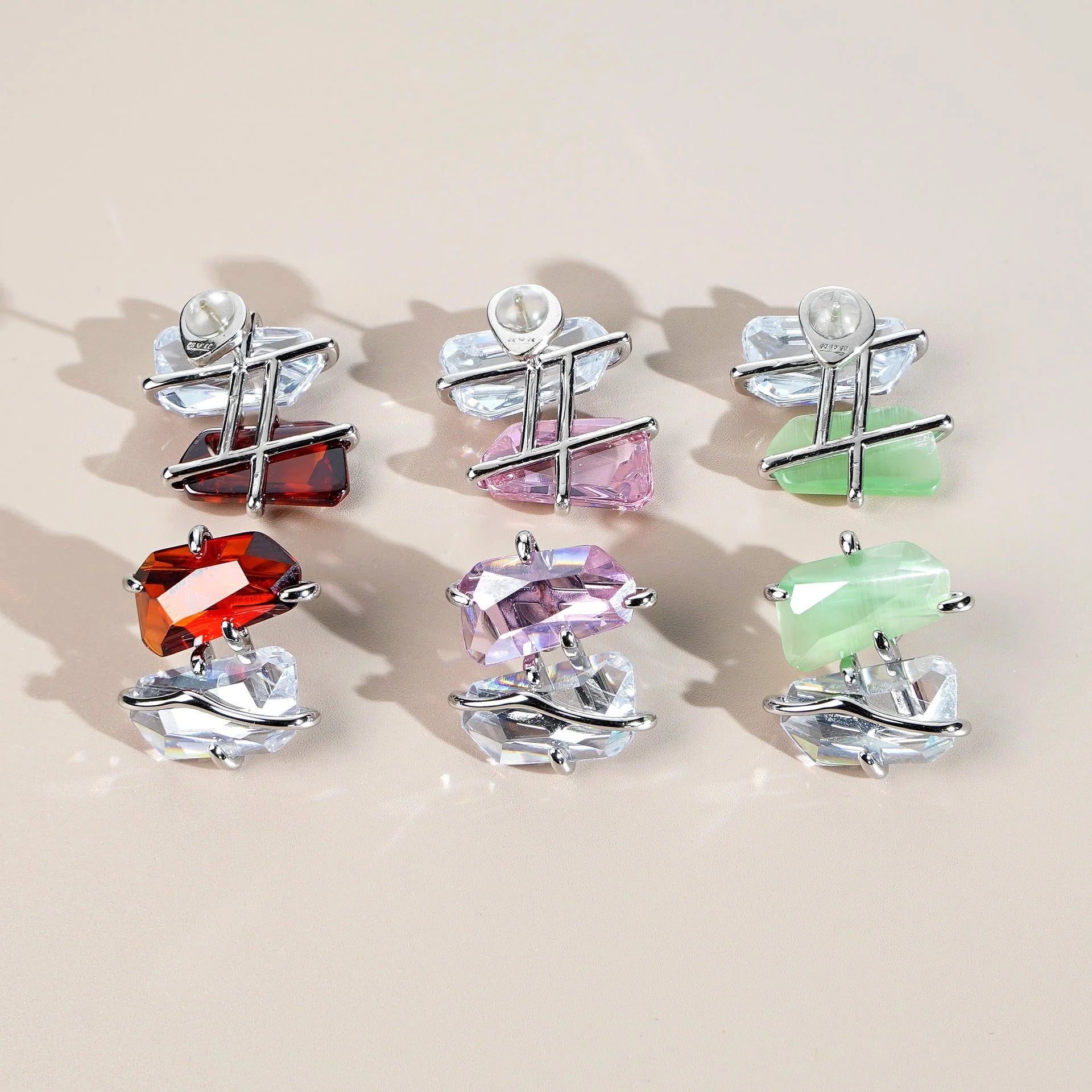 Women's Peach Blossom Spar Earrings in copper with zircon mosaic, available in pink, red, and green.