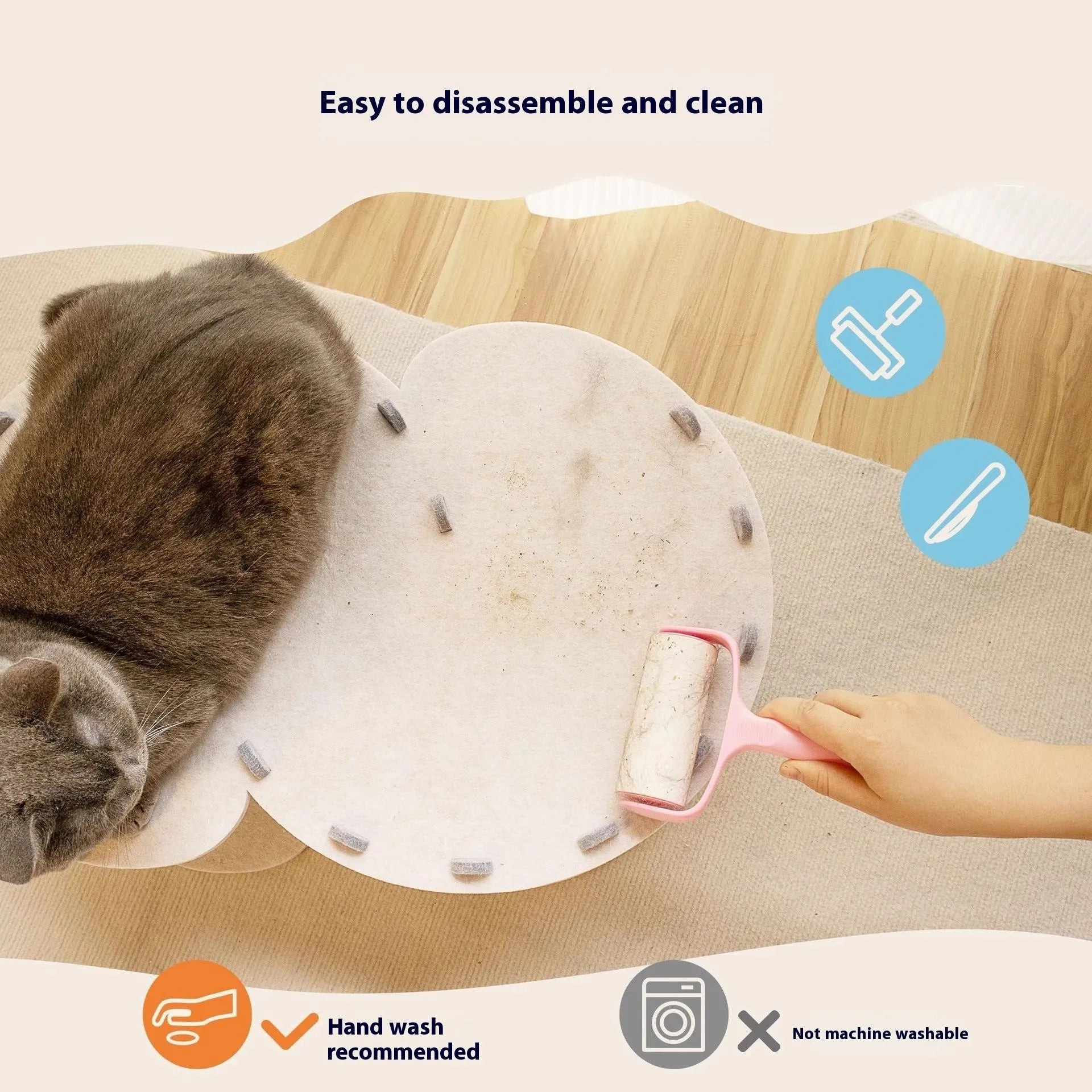 Foldable semi-closed felt cat scratch board nest in camel colour, 58x40x24 cm, on a light background