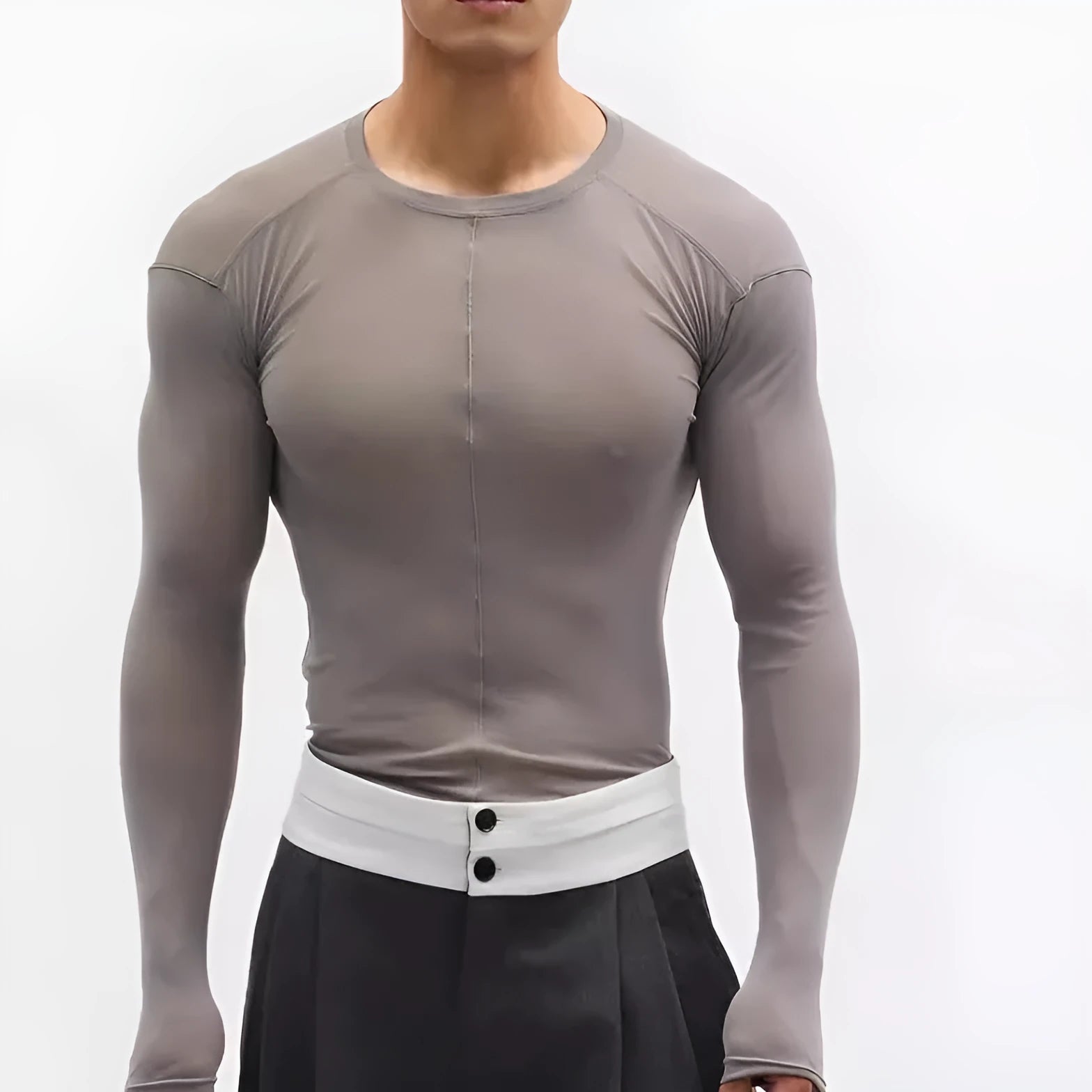 Black slim-fit long sleeve mesh pullover top with a round neck collar.