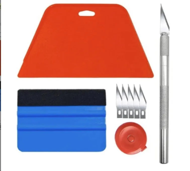Plastic automotive film smoothing tool set for car window tint installation in 10 piece or 12 piece configurations