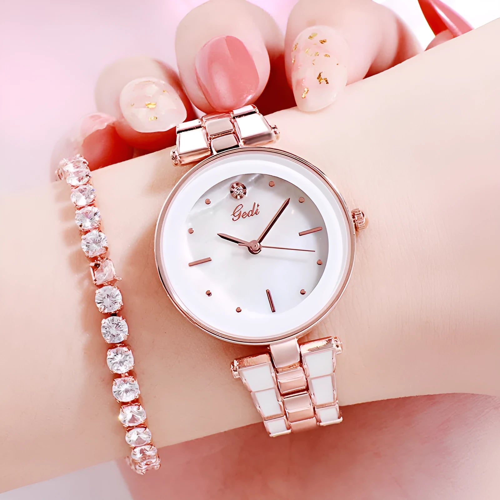 White dial ladies quartz watch with rose gold accents, steel strap, 30mm round alloy case on flat surface