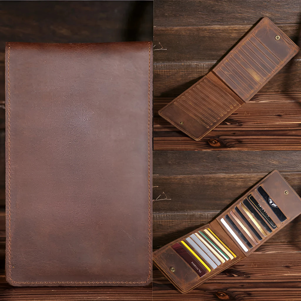 Men's cowhide card wallet with multiple slots shown open, displaying card and phone compartments.