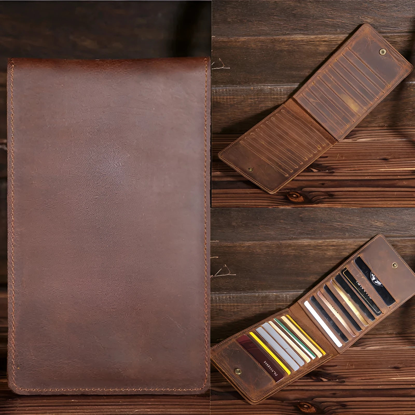 Men's cowhide card wallet with multiple slots shown open, displaying card and phone compartments.