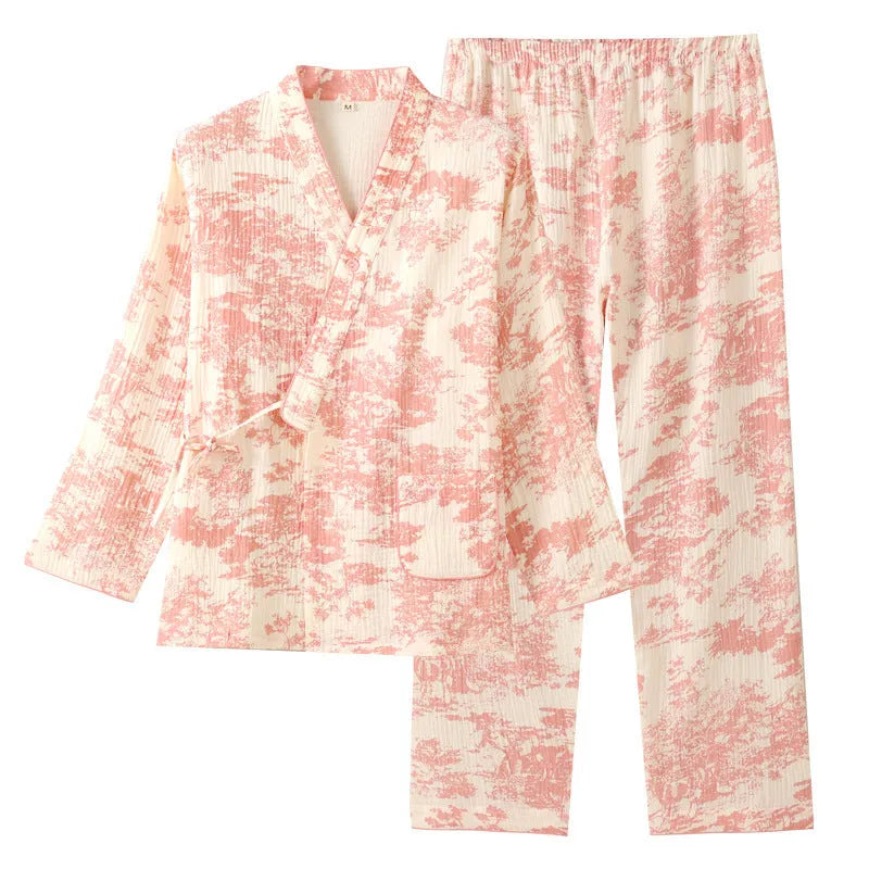 Women's blue frost pine tree print cotton gauze trousers suit with lace-up detail