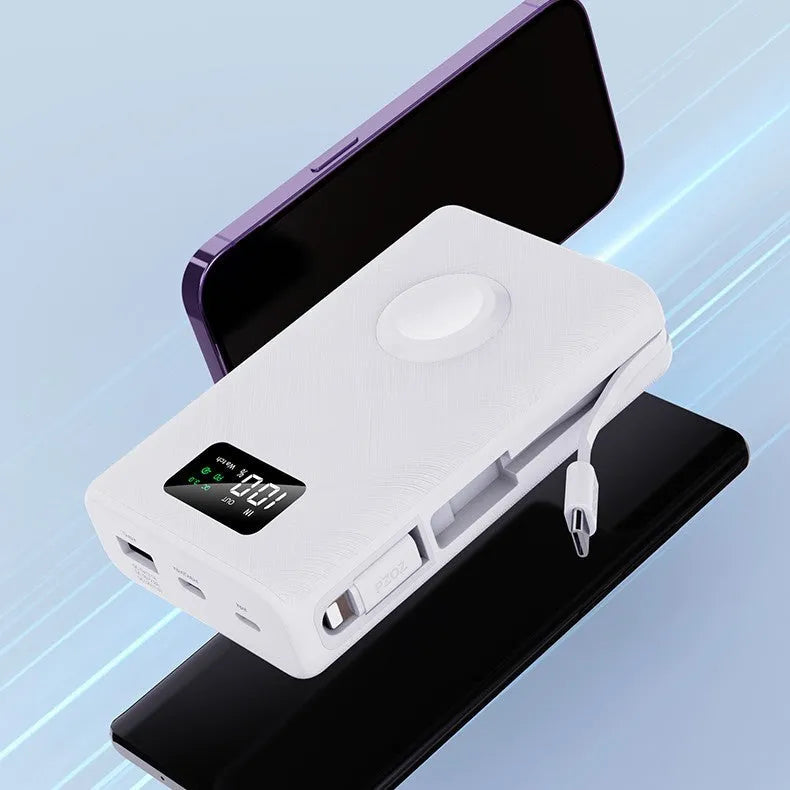 White wireless mobile power supply showing screen display and multiple charging ports