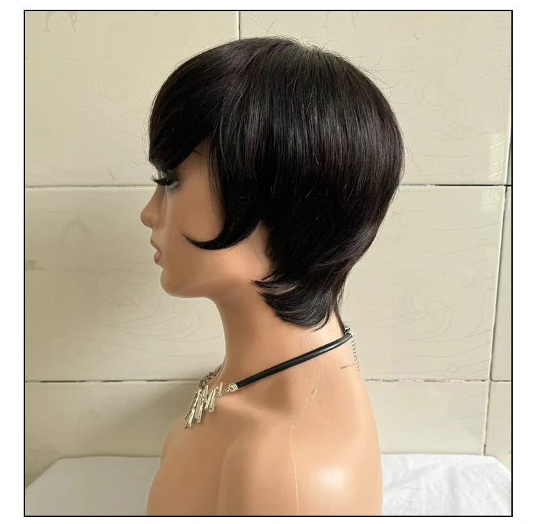 Short straight human hair wig with side bangs in natural black colour, showing 30cm length and realistic hairline