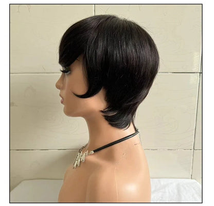 Short straight human hair wig with side bangs in natural black colour, showing 30cm length and realistic hairline