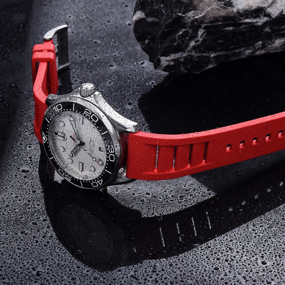 Breathable fluororubber watch strap in black, 22mm width, with wind disassembly design