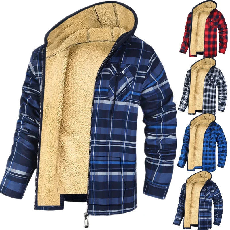 Men's plaid print hooded zip-up winter jacket with thickened cotton padding