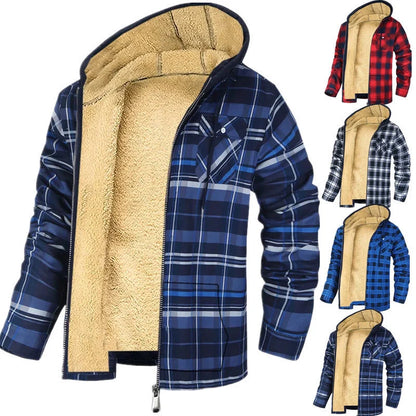 Men's plaid print hooded zip-up winter jacket with thickened cotton padding