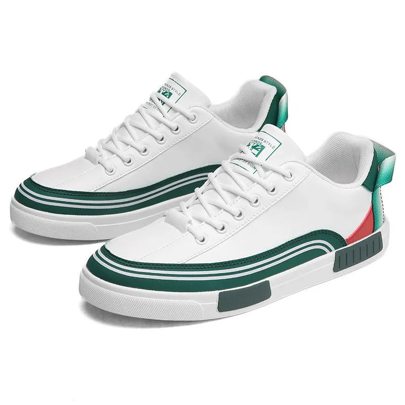 Men's beige and white with green casual canvas shoes showing mesh panel sections on sides.