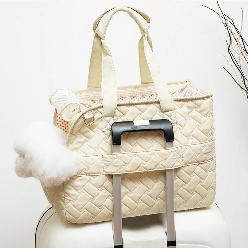 Handy lightweight canvas cat pet crossbody bag in beige, crossbody strap, large size