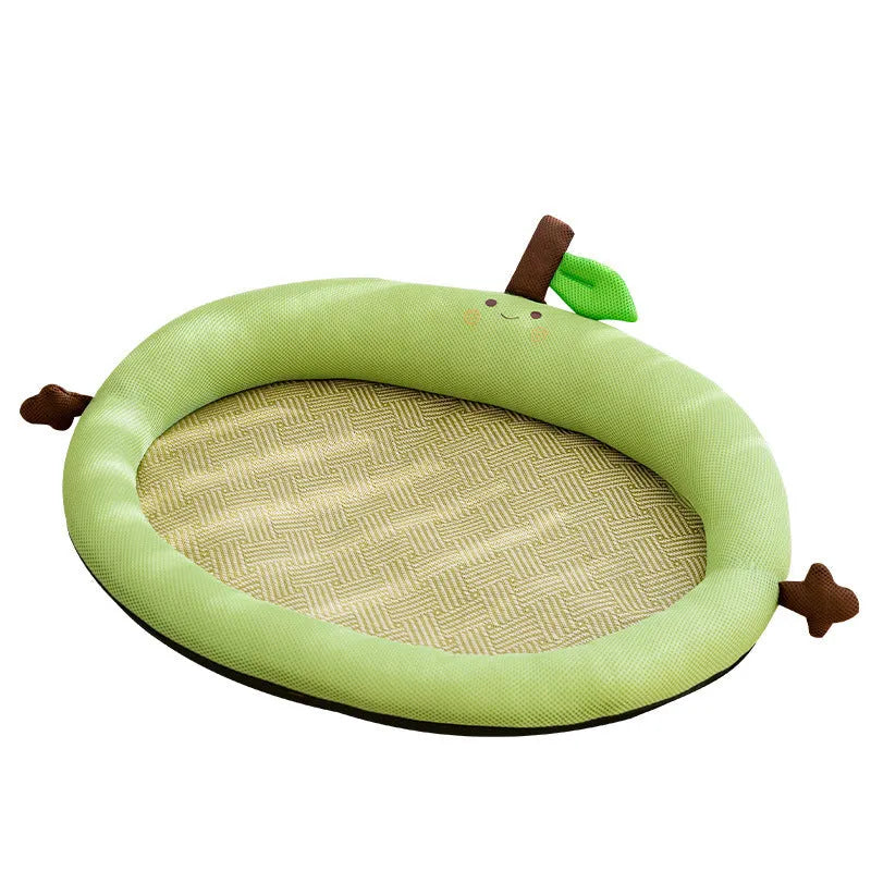 Green fruit backrest pet cooling mat nest bed for large dogs on a wooden floor.