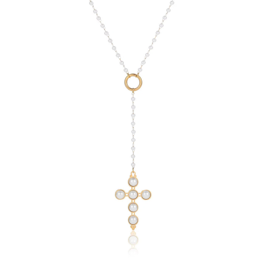 18K electroplated stainless steel cross pendant pearl necklace for women adjustable 41-50cm chain