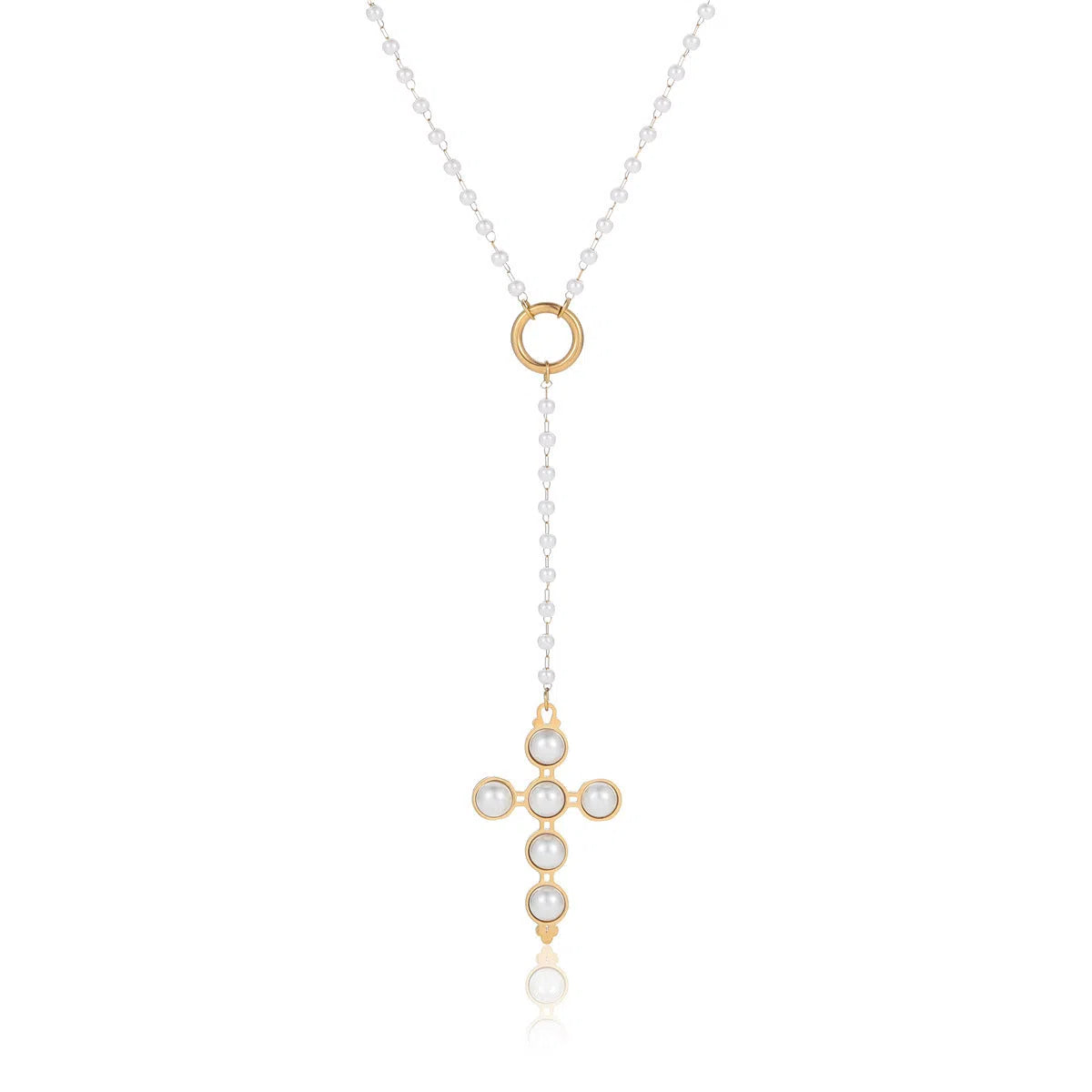 18K electroplated stainless steel cross pendant pearl necklace for women adjustable 41-50cm chain