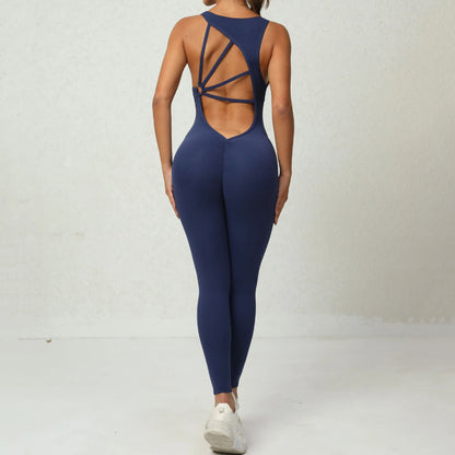 Stylish yoga jumpsuit with unique V-shaped back design, available in multiple colors and sizes for maximum comfort and mobility.