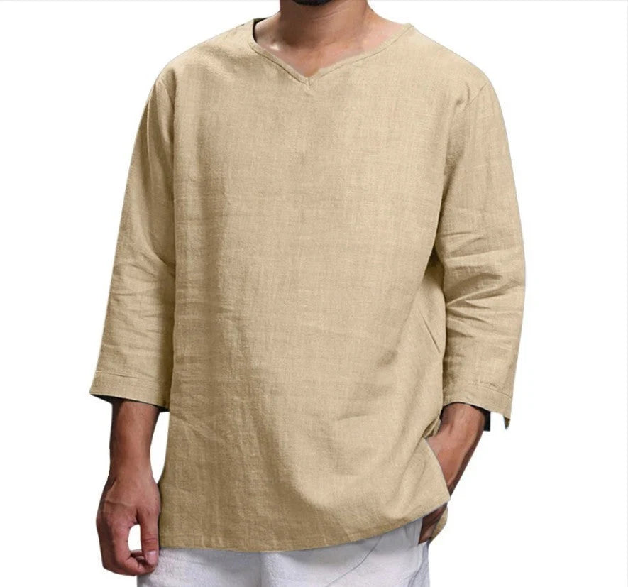 Men's loose V-neck top in hemp blend fabric, available in multiple colours