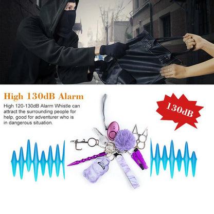 Self-defense keychain set for women with 11 safety tools including alarm, window breaker, and whistle