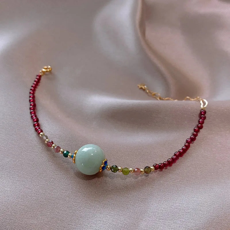 Aquamarine Chinese style women's bracelet with garnet beads and electroplated finish