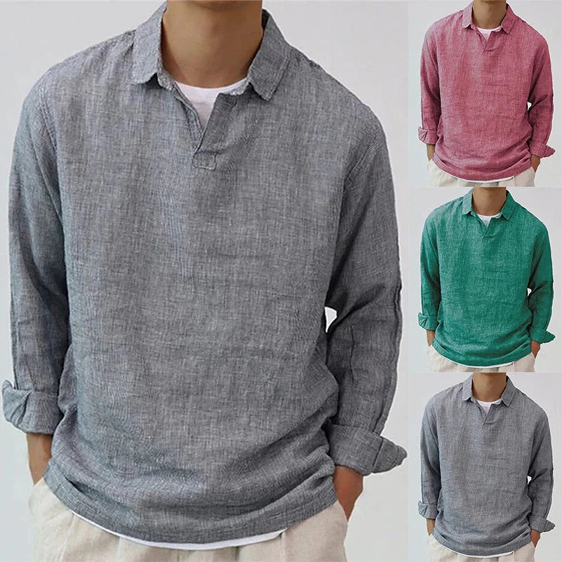 Men's European retro cotton blend pullover shirt in rose red, dark green, and gray