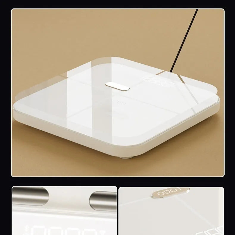 White professional body fat scale with 8 electrodes, tempered glass platform, and LED display.