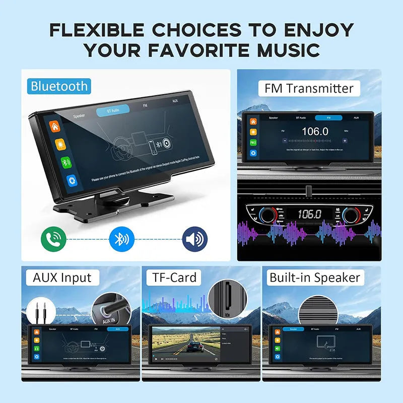 Black 10.26-inch touch screen car navigation device with front and rear camera recording capabilities